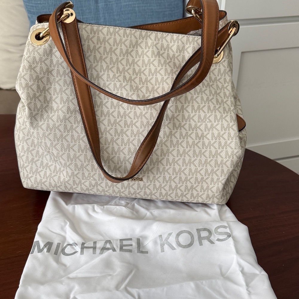 Michael Kors Beige Signature Monogram Tote with Brown Trim